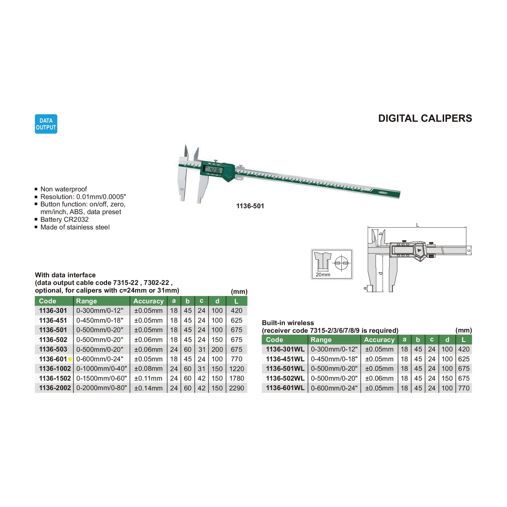 Insize Digital Caliper 0-600mm / 0-24" Range Series 1136-601