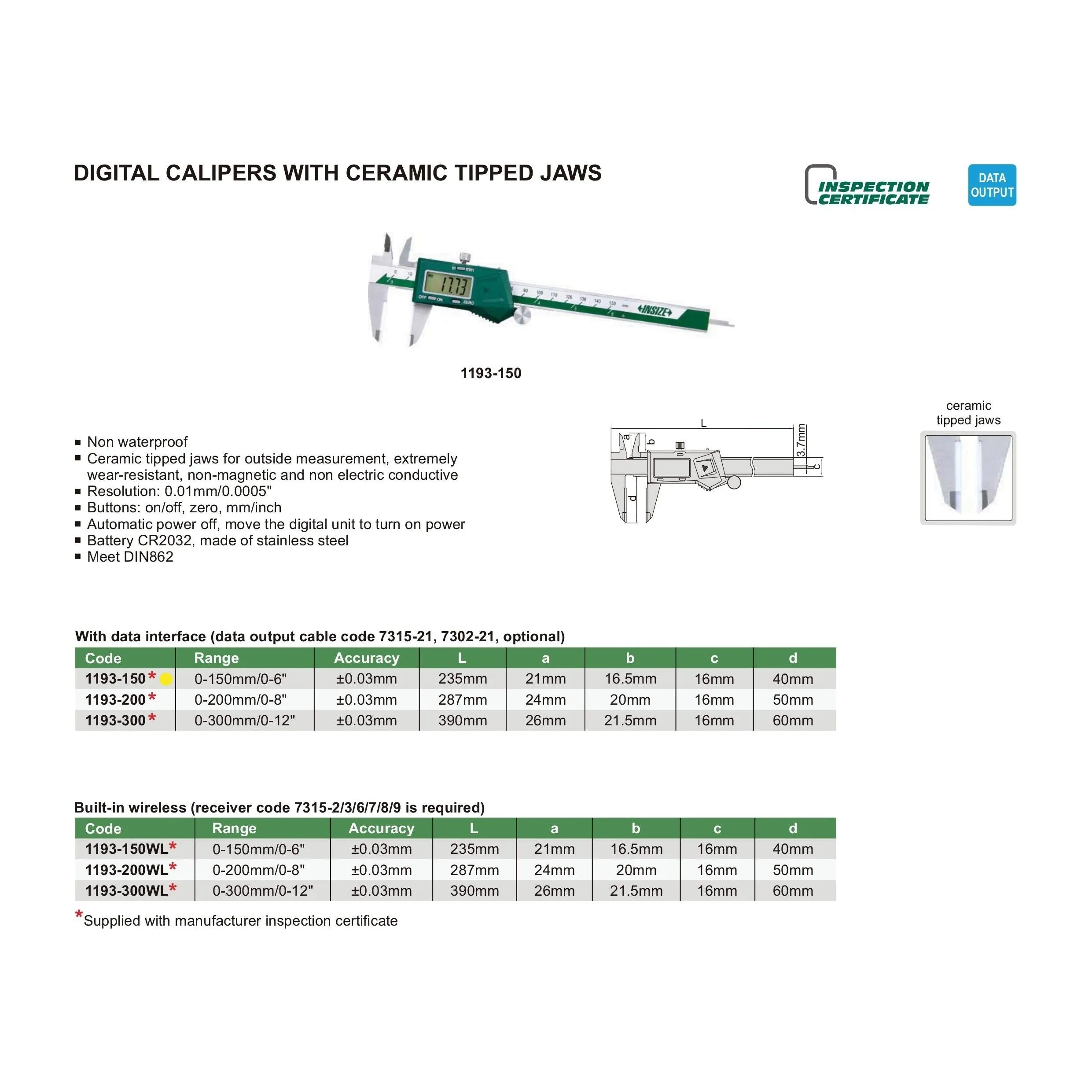 Insize Digital Caliper With Ceramic Tipped Jaws Range Series 1193-150