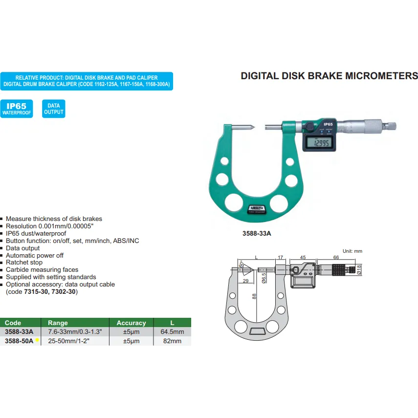 Insize Digital Disc Brake Micrometer 25-50mm Range Series 3588-50A