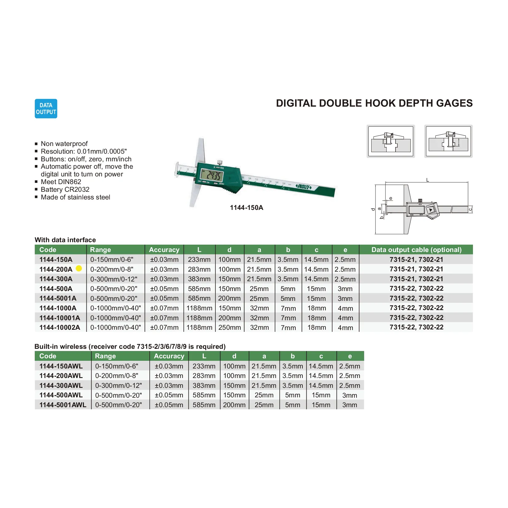 Insize Digital Double Hook Depth Gauge 0-200mm / 0-8" Range Series 1144-200A