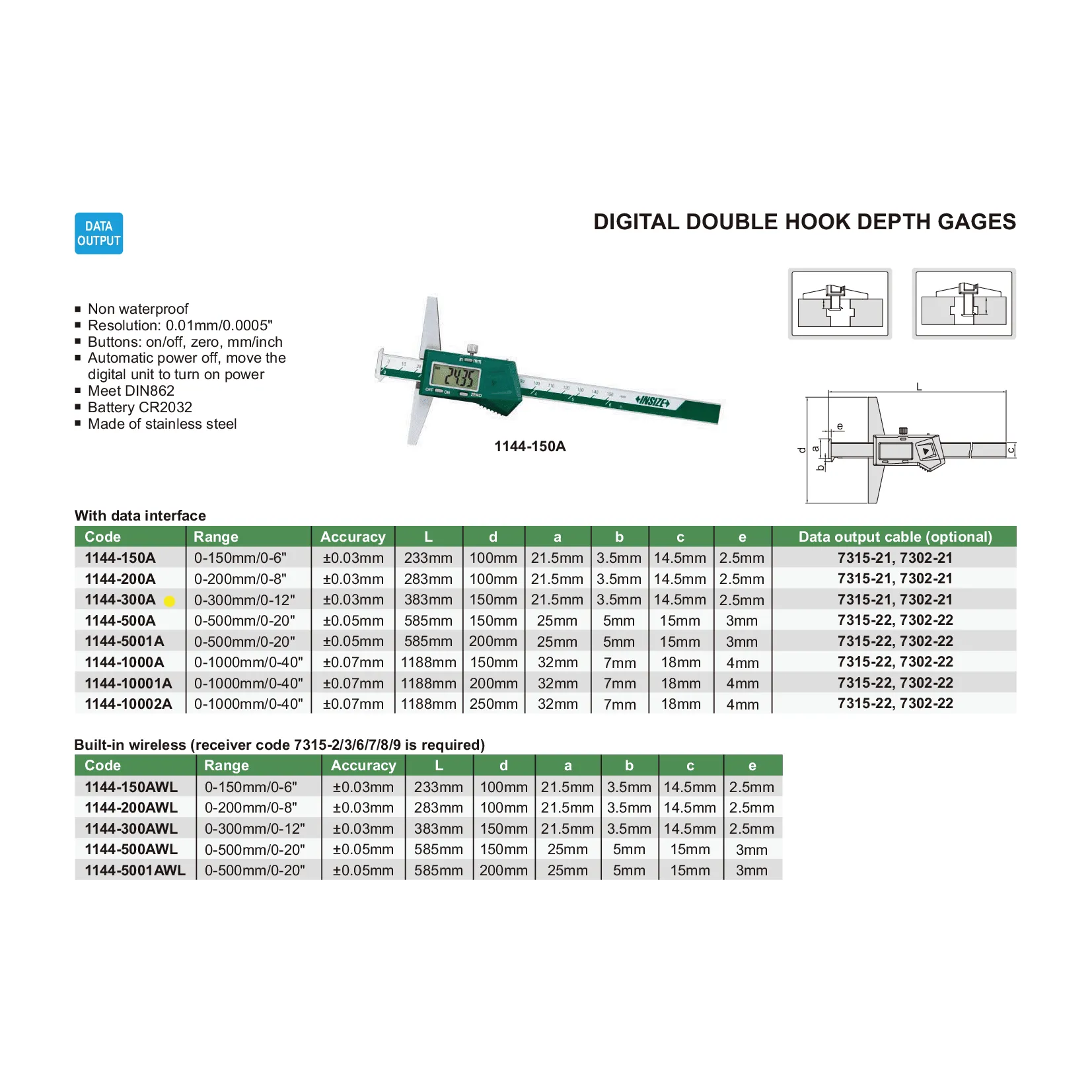 Insize Digital Double Hook Depth Gauge 0-300mm / 0-12" Range Series 1144-300A