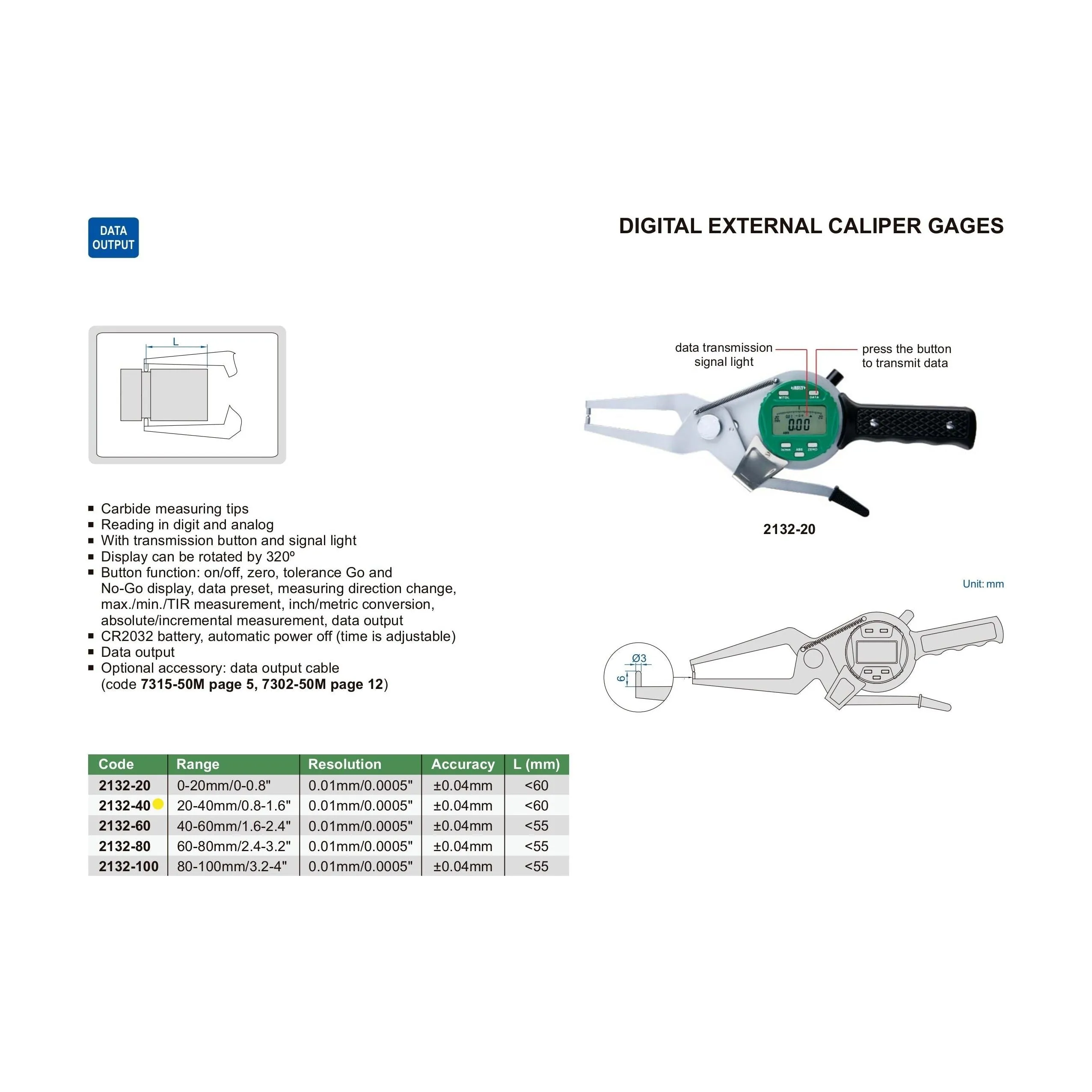 Insize Digital External Caliper Gauge 20-40mm/0.8-1.6" Range Series 2132-40