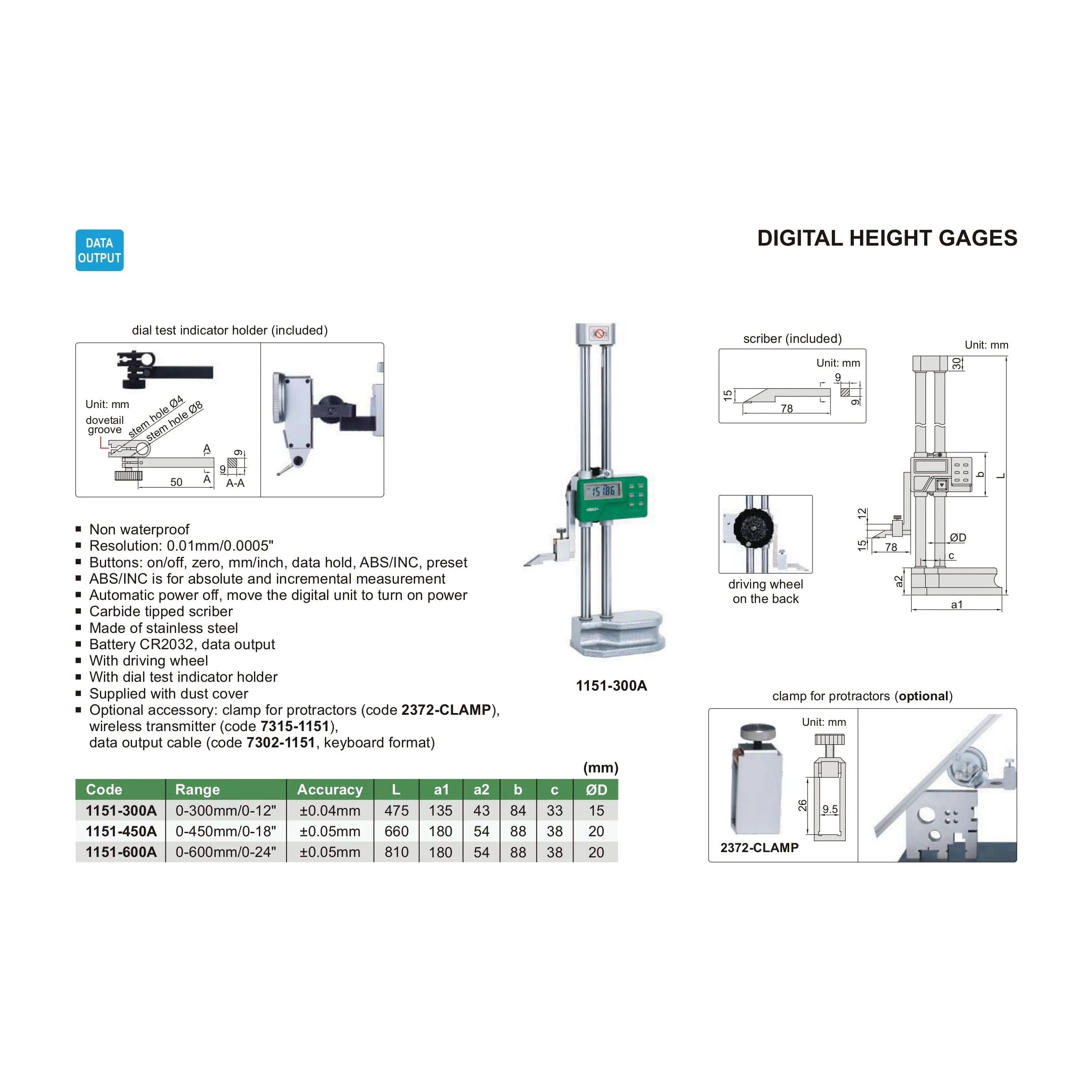 Insize Digital Height Gauge  0-300mm / 0-12" Range Series 1151-300