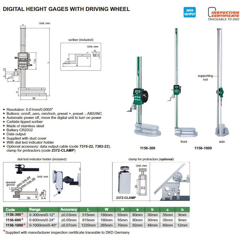 Insize Digital Height Gauge  0-300mm / 0-12" Range Series 1156-300