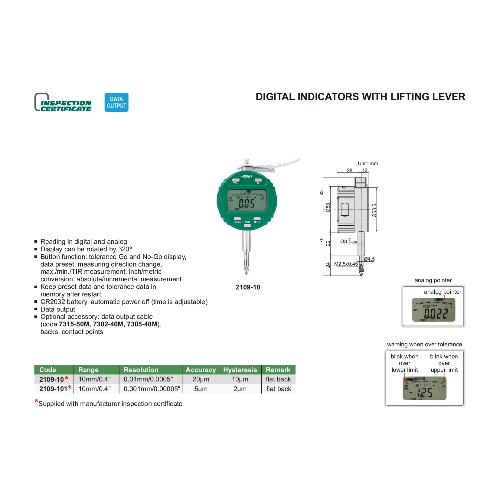 Insize Digital Indicator 10mm/0.4" Range Series 2109-10