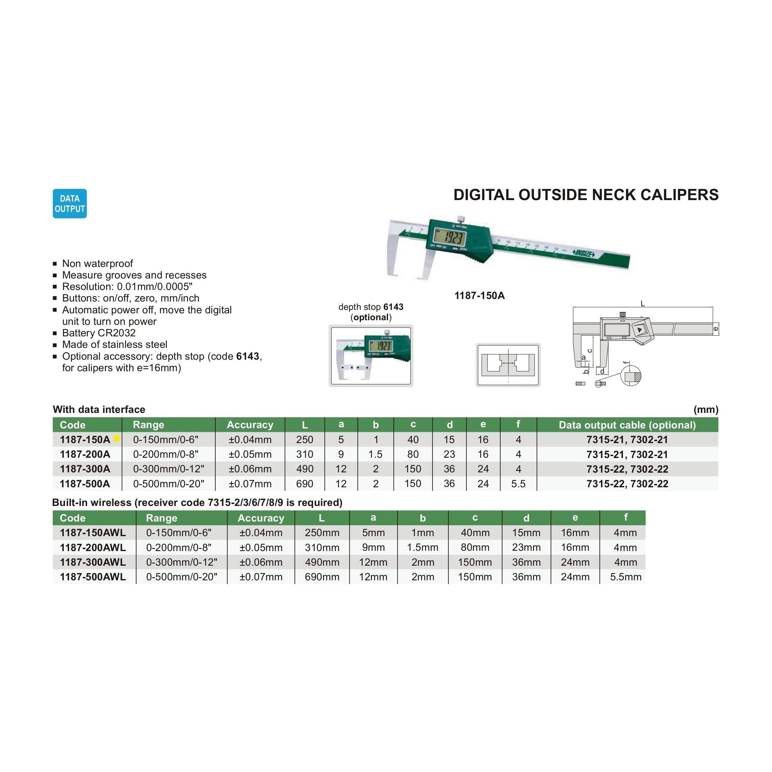 Insize Digital Neck Caliper 0-150mm/0-6" Range Series 1187-150A