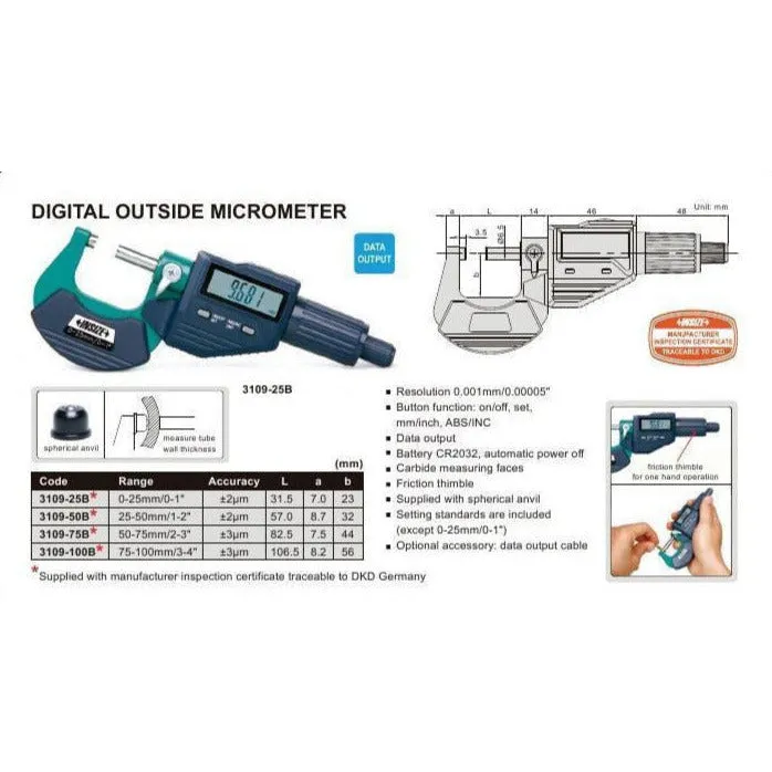 Insize Digital Outside Micrometer 0-25mm/0-1" Range Series 3109-25A