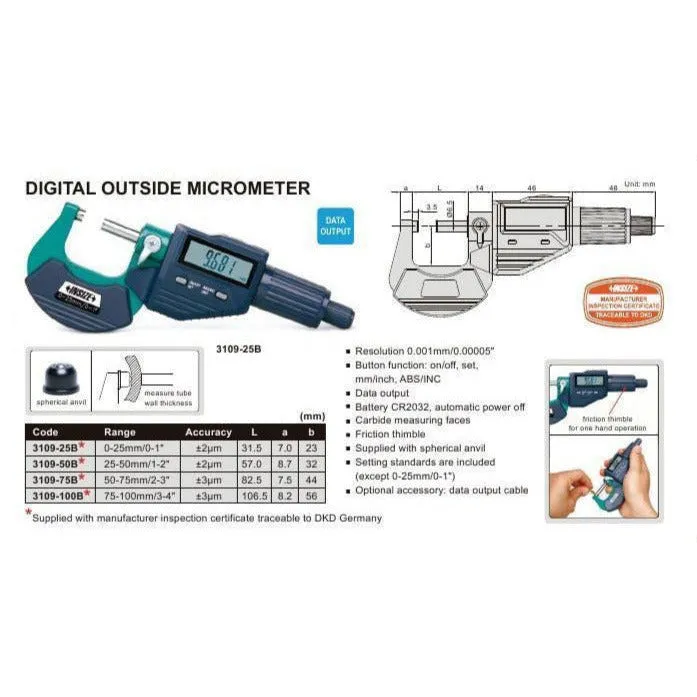 Insize Digital Outside Micrometer 25-50mm/1-2" Range Series 3109-50A