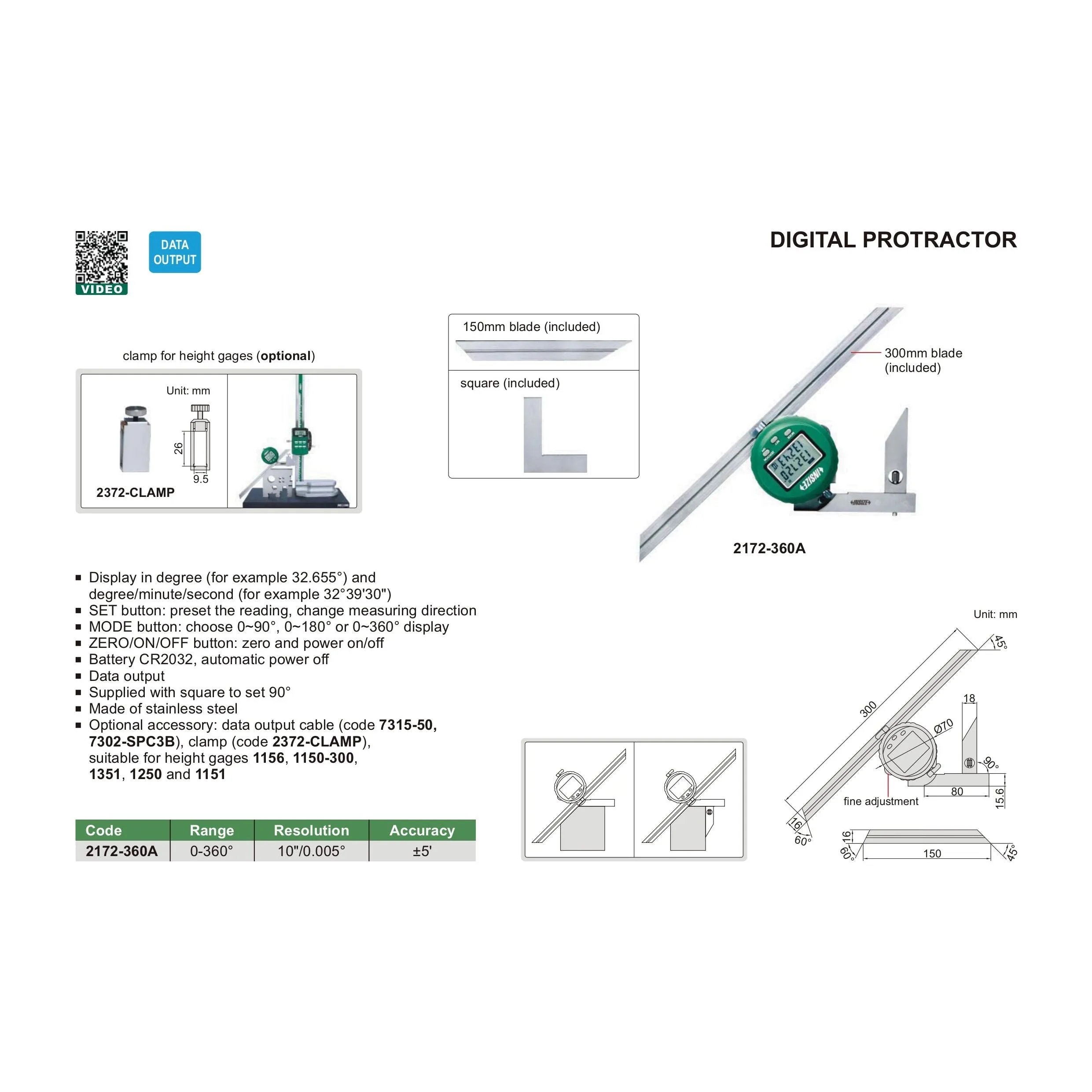Insize Digital Protractor 0-360° Range Series 2172-360A