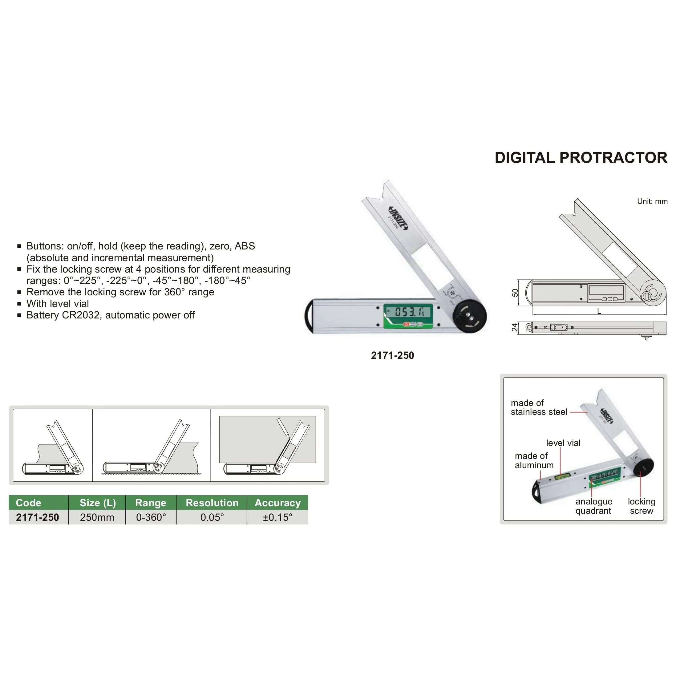 Insize Digital Protractor 250mm 0-360° Range Series 2171-250