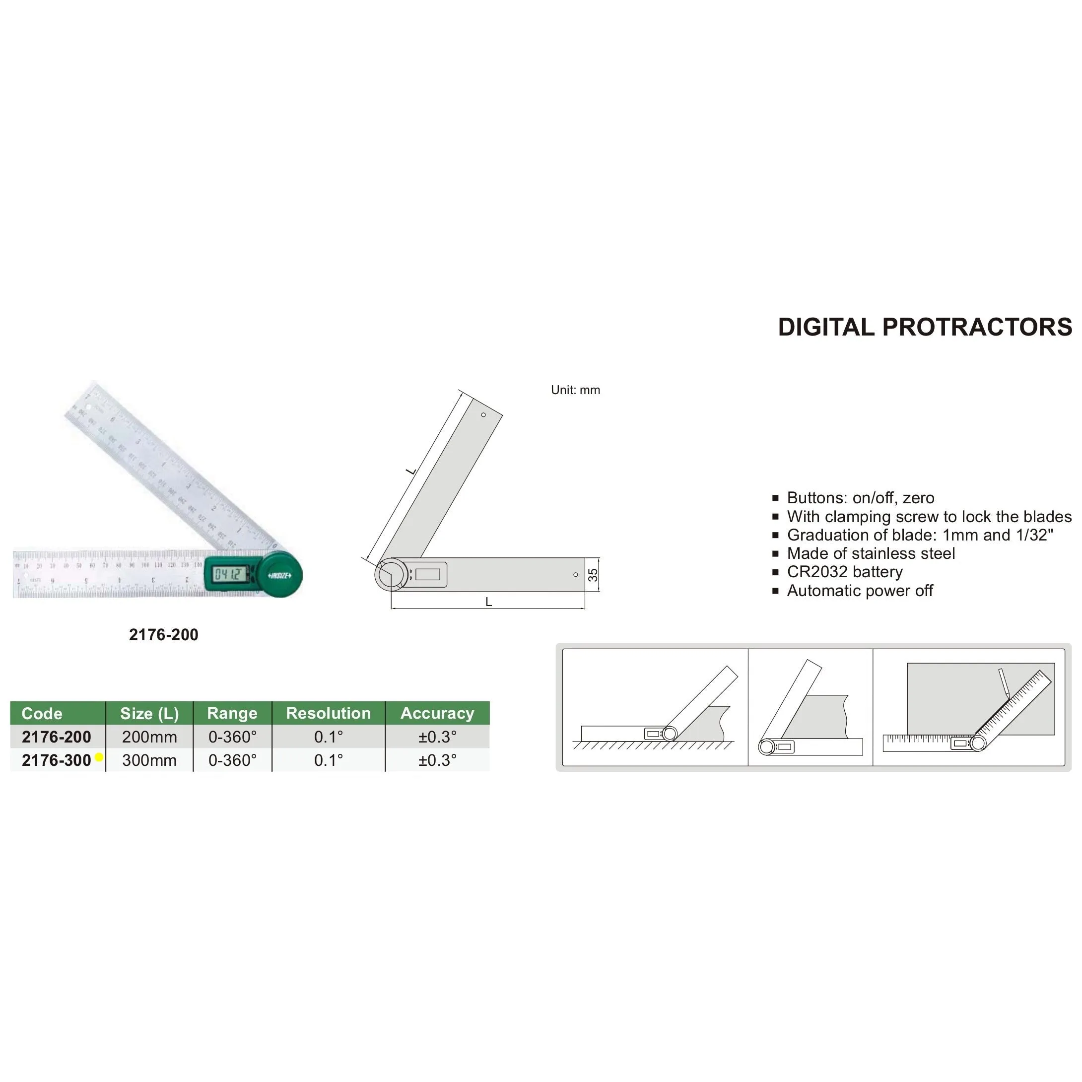 Insize Digital Protractor 300mm 0-360° Range Series 2176-300