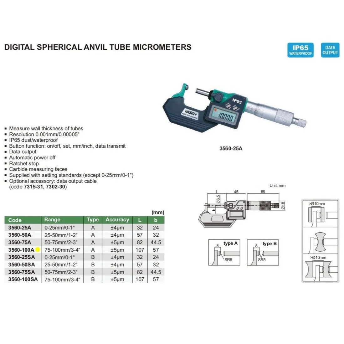 Insize Digital Spherical Anvil Tube Micrometer 75-100mm/3-4" Range Series 3560-100A