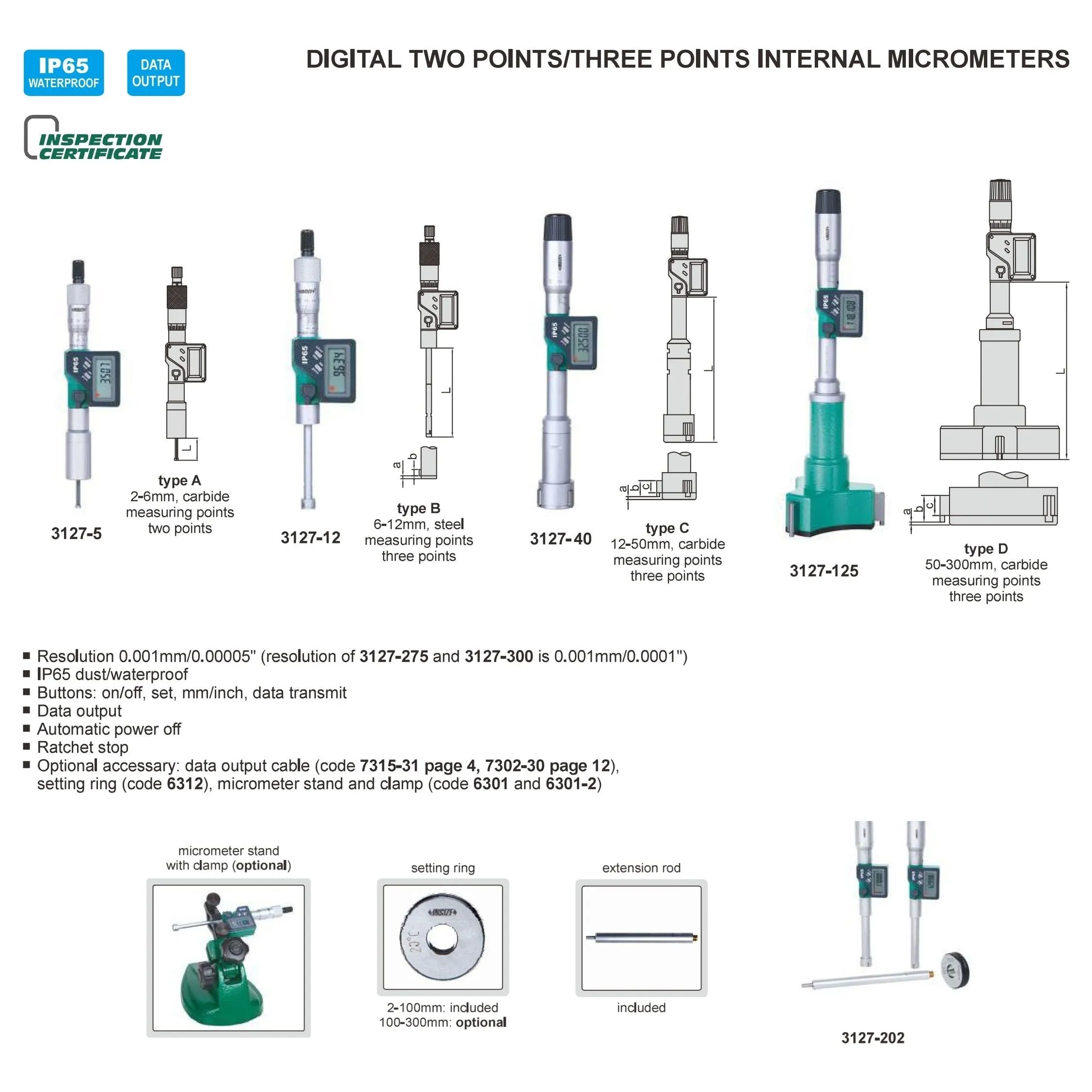 Insize Digital Two Points/ Three Points Internal Micrometer Set 50-100mm Range Series 3127-1004