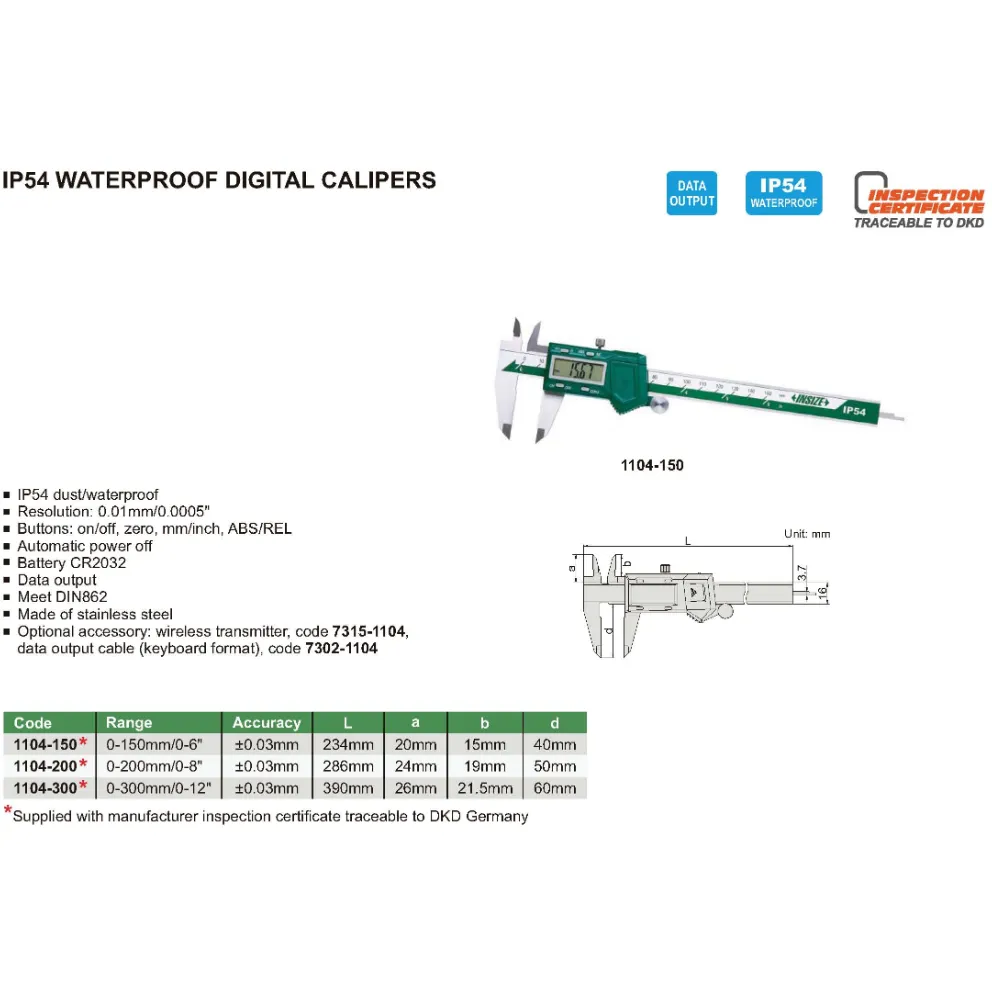 INSIZE IP54 Digital Caliper 0-150mm/0-6" Range Series 1104-150