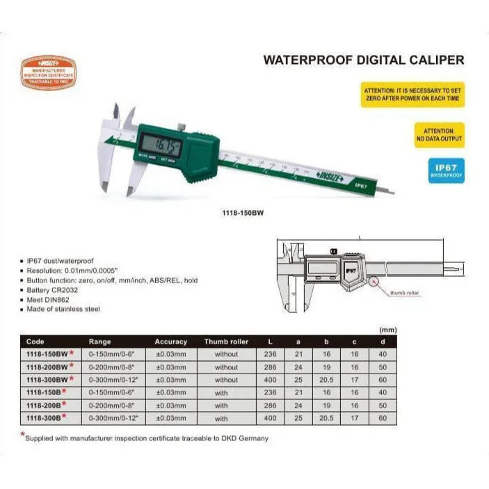 Insize IP57 Digital Caliper 0-200mm/0-8" Range Series 1118-200B