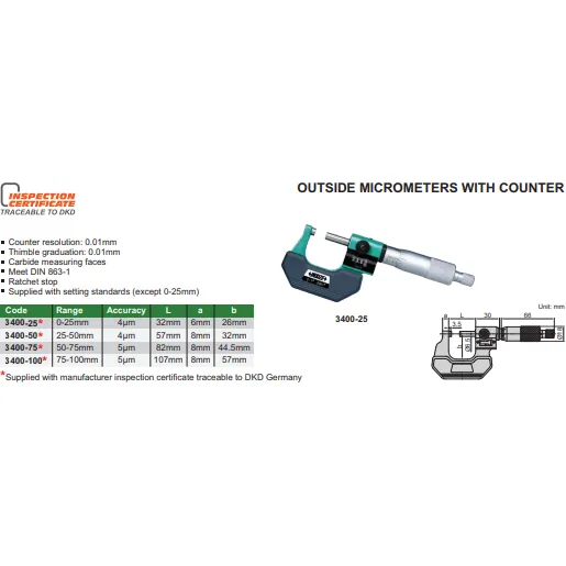 Insize Metric Outside Micrometer With Analog Counter 25-50mm Range Series 3400-50