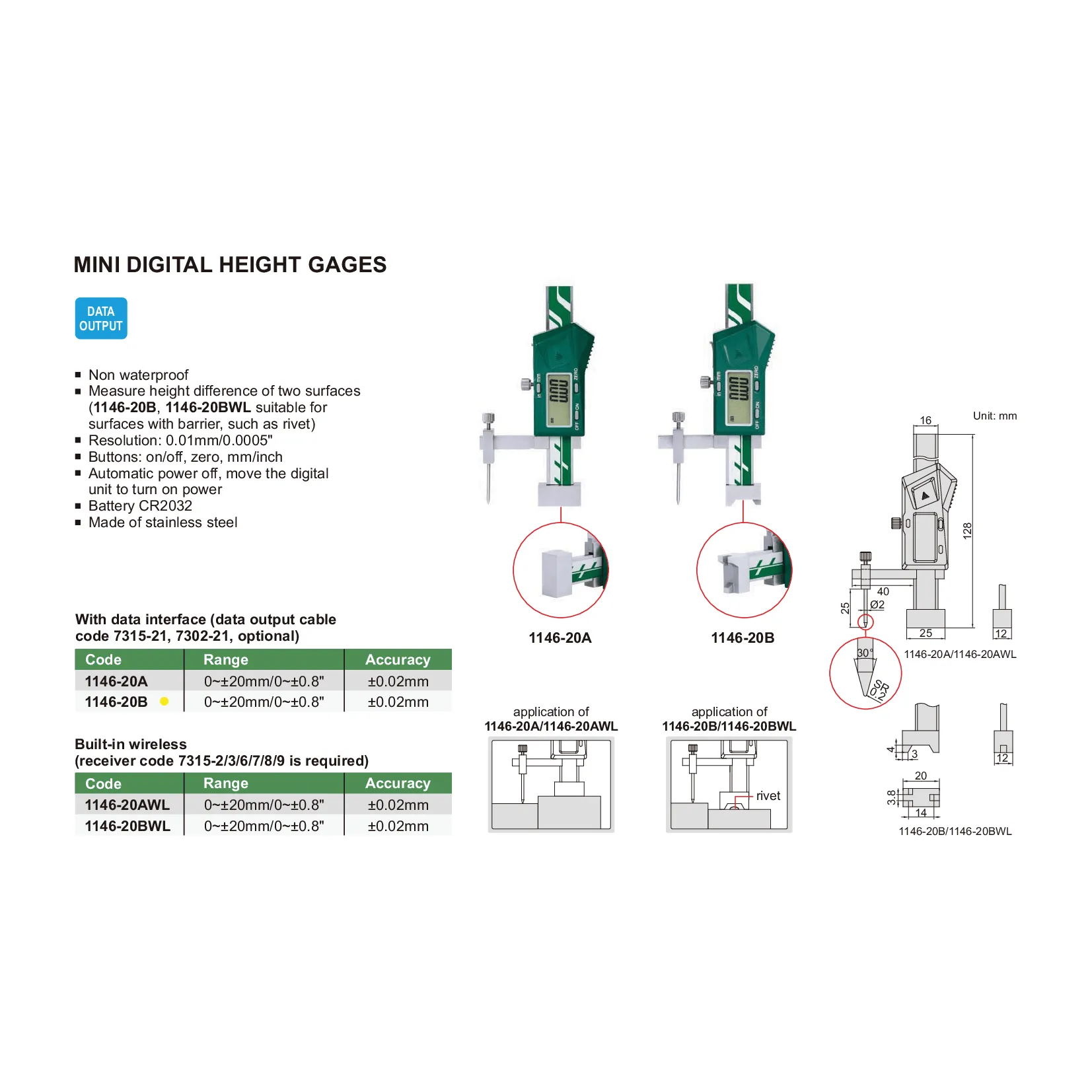 Insize Mini Digital Height Gauge 0-20mm/0-0.8" Range Series 1146-20B