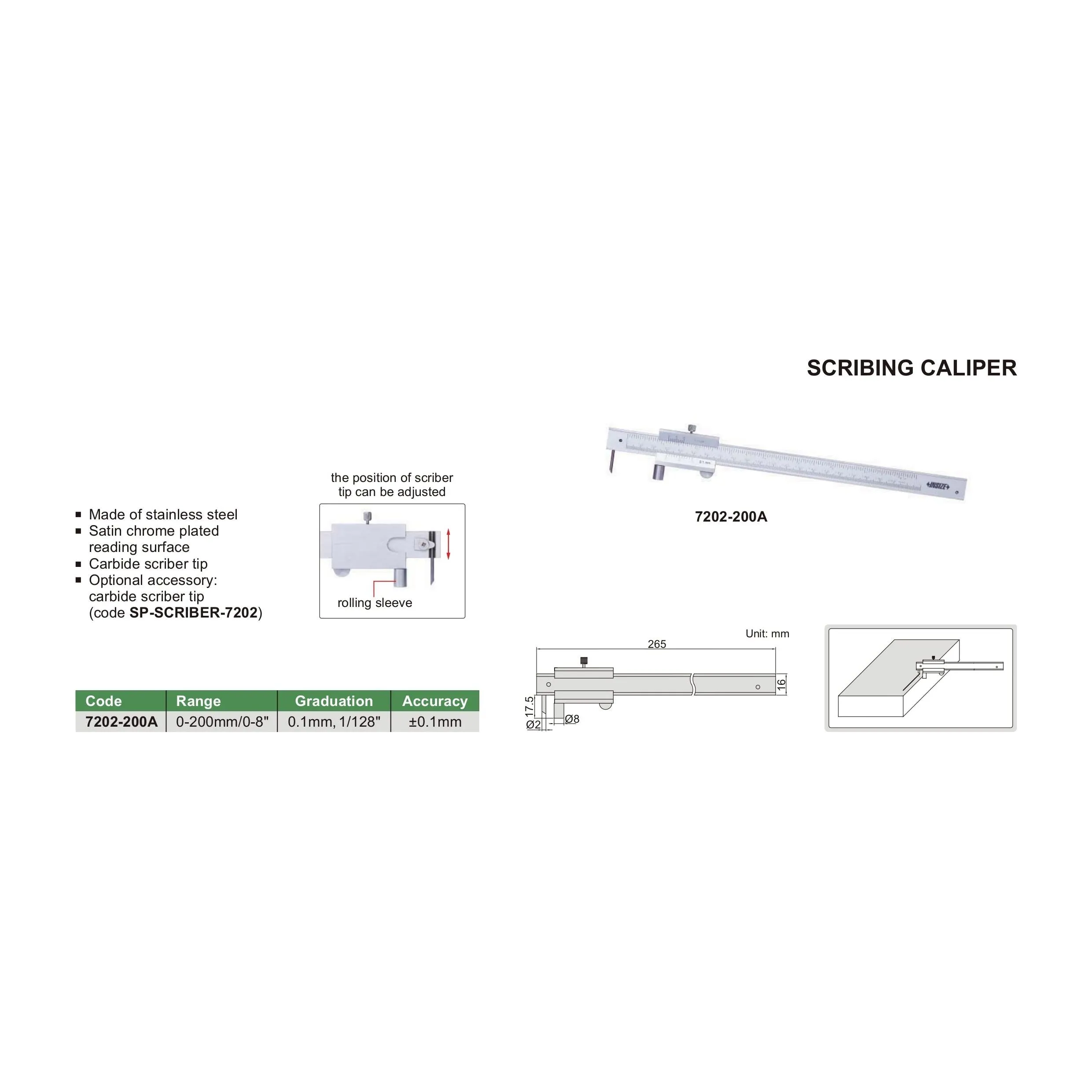 Insize Scribing Caliper 0-200mm/0-8" Range Series 7202-200A