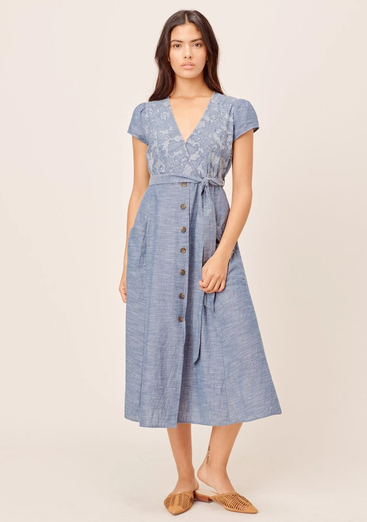 Janie Denim-Blue Embroidered Midi Dress