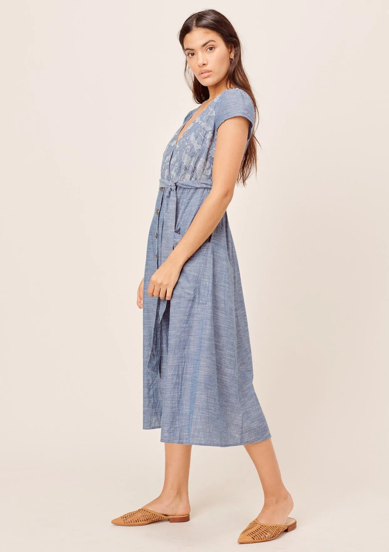 Janie Denim-Blue Embroidered Midi Dress