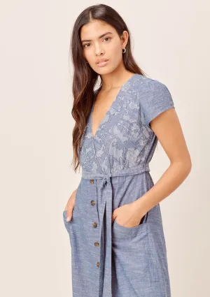 Janie Denim-Blue Embroidered Midi Dress