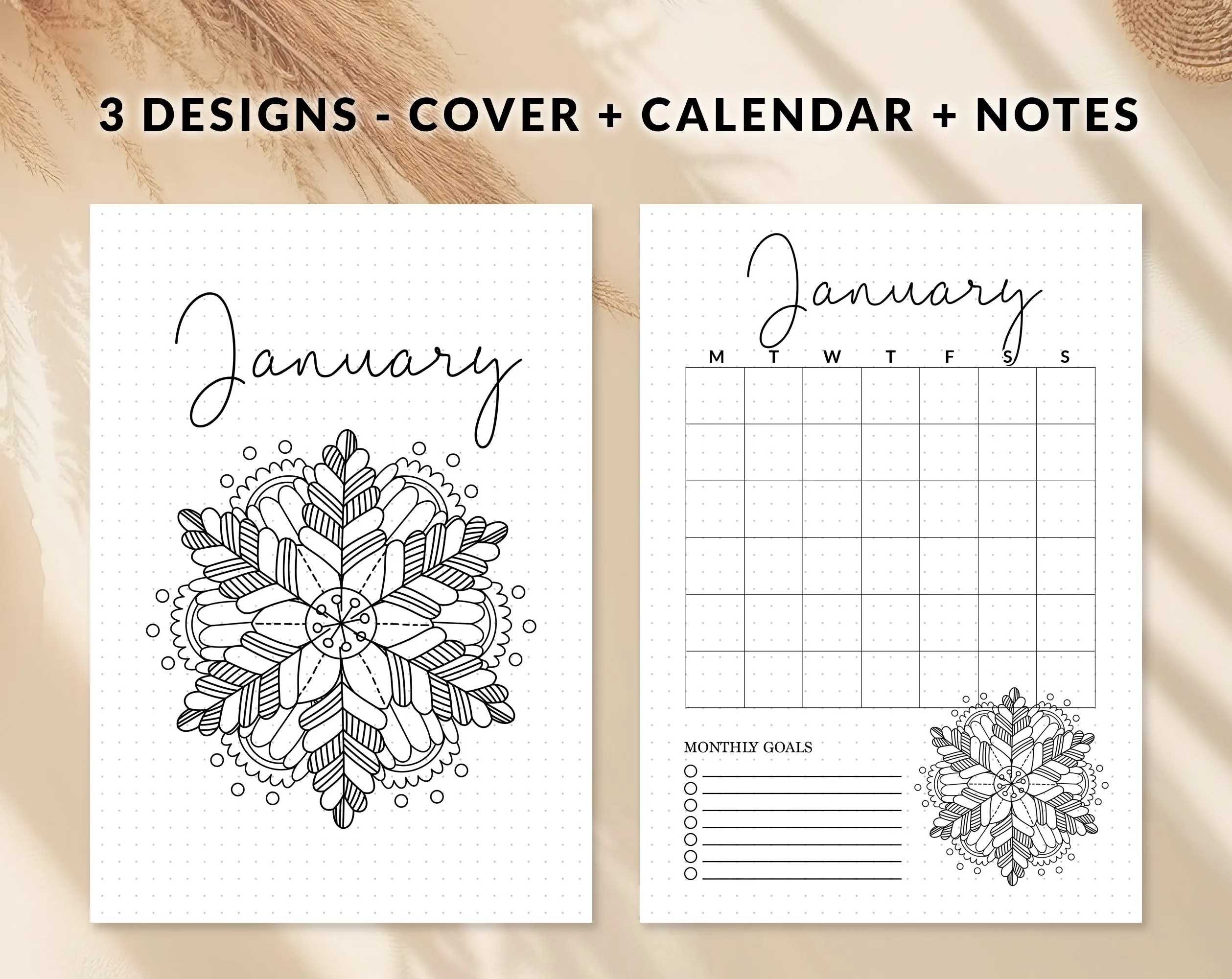January Journal Cover Calendar and Notes Pages Set