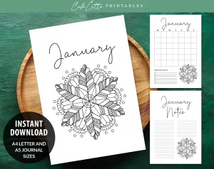 January Journal Cover Calendar and Notes Pages Set