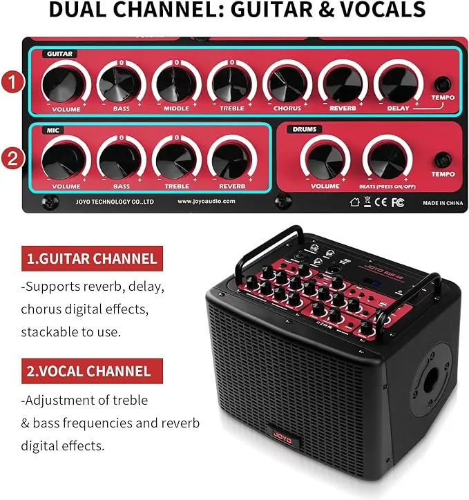 JOYO 40 Watt Acoustic Combo Amplifier Rechargeable Guitar & Vocal Two Channels Guitar Amp with Drum Machine Reverb Chorus Delay Effects and Bluetooth XLR & Aux-in (BSK-40)
