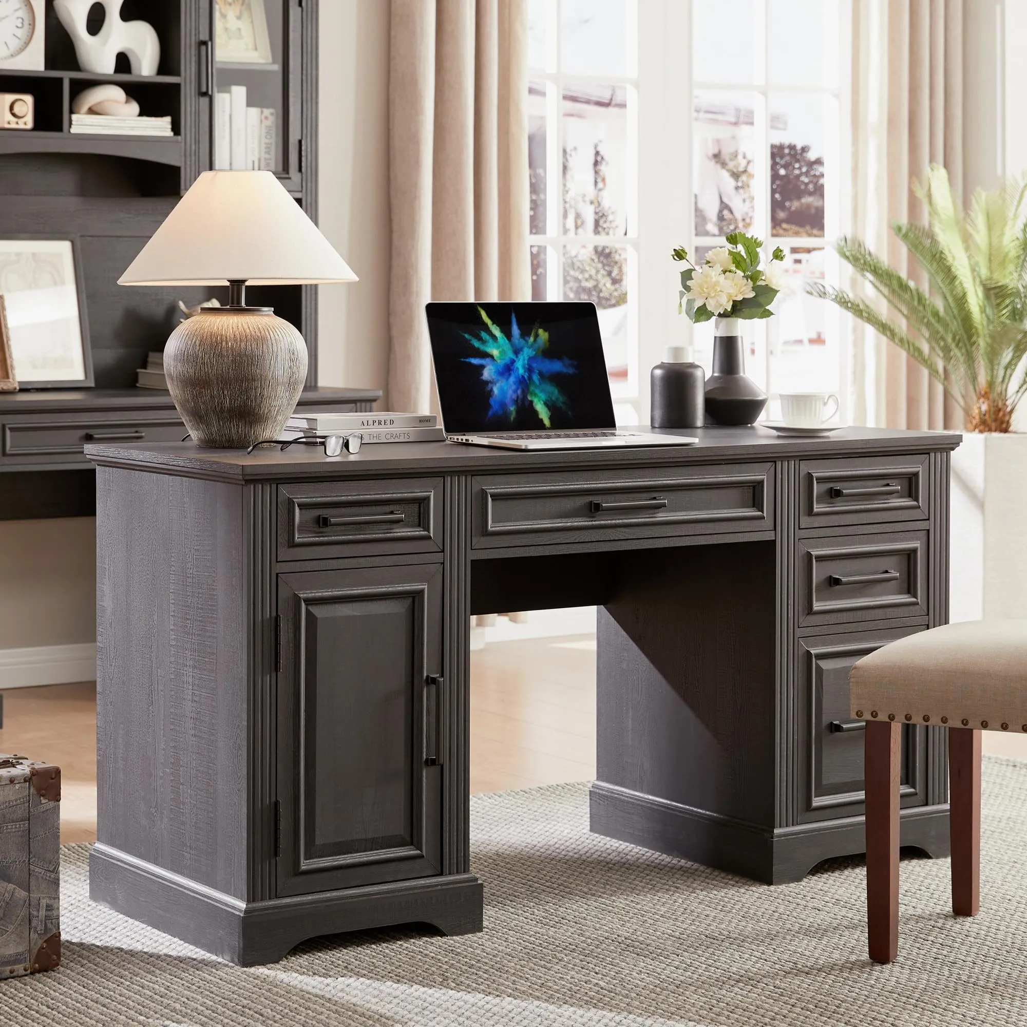 JXQTLINGMU 58 Inch Large Computer Desk with Drawers, Embossed Texture Home Office Desk, Workspace for Work Study Writing, Black