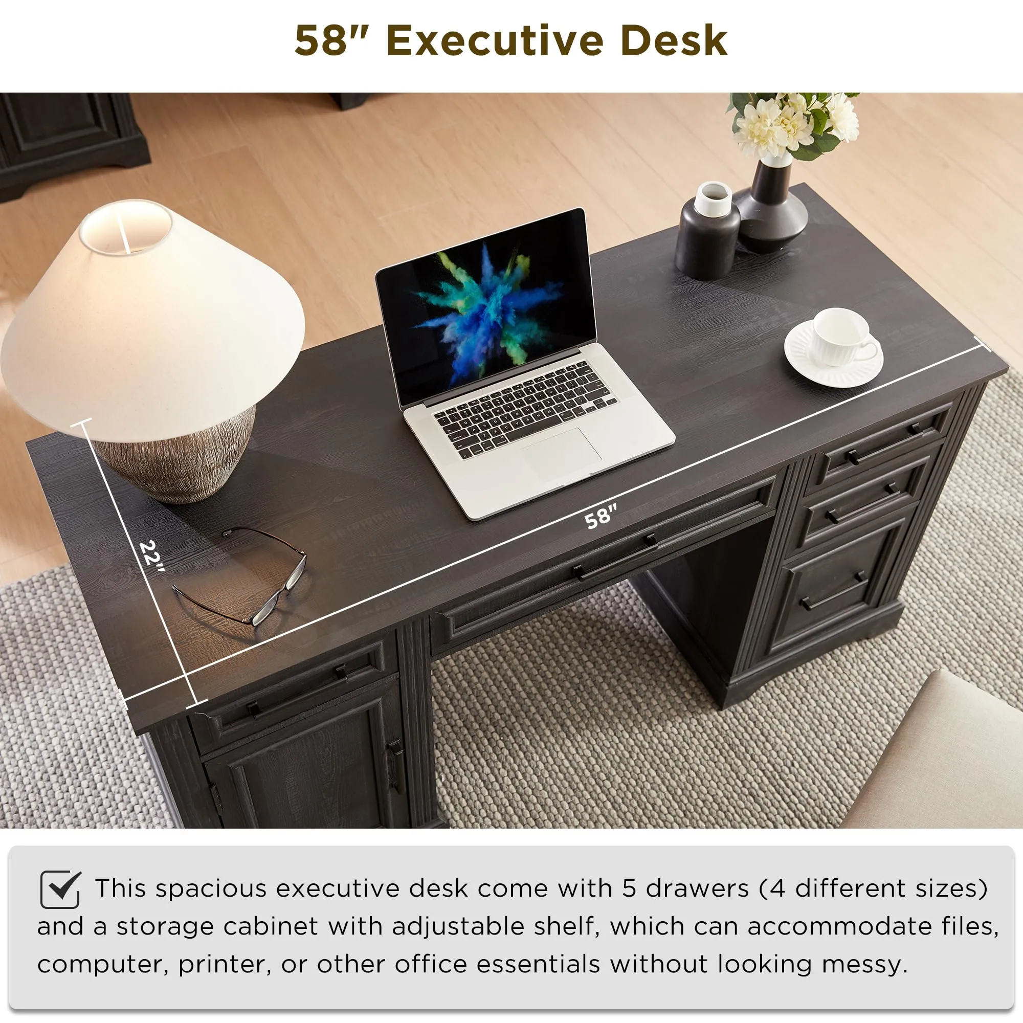 JXQTLINGMU 58 Inch Large Computer Desk with Drawers, Embossed Texture Home Office Desk, Workspace for Work Study Writing, Black