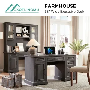 JXQTLINGMU 58 Inch Large Computer Desk with Drawers, Embossed Texture Home Office Desk, Workspace for Work Study Writing, Black