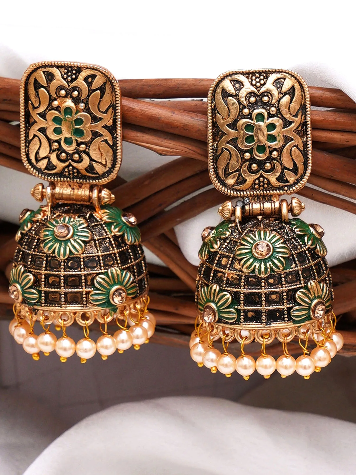Karatcart Antique Gold Plated Floral Green Studded Jhumki Earrings for Women