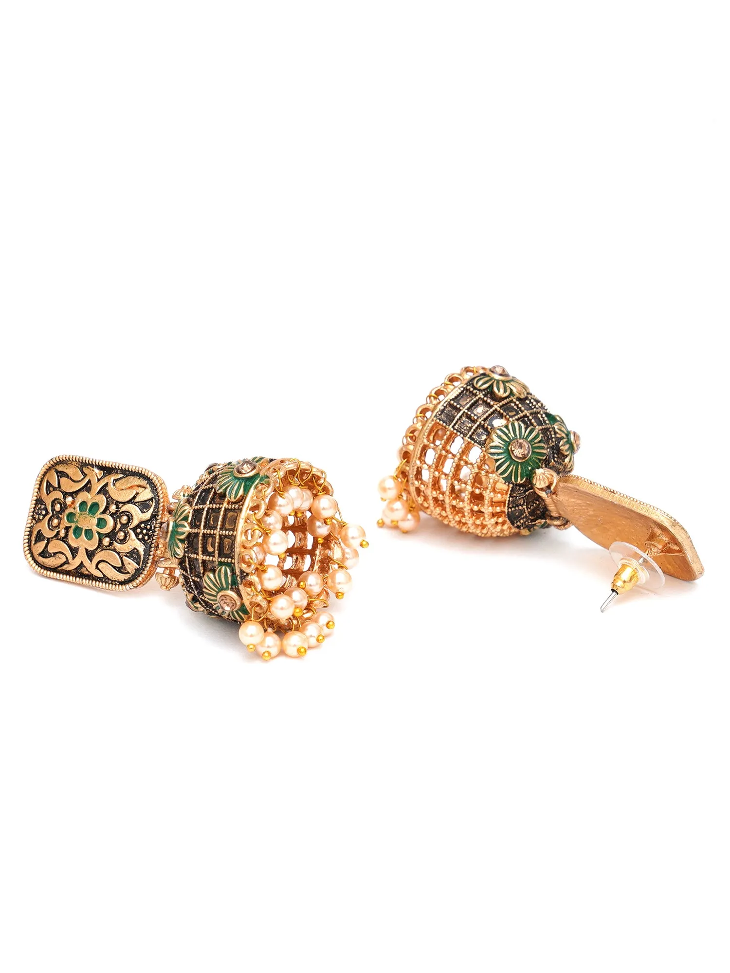Karatcart Antique Gold Plated Floral Green Studded Jhumki Earrings for Women