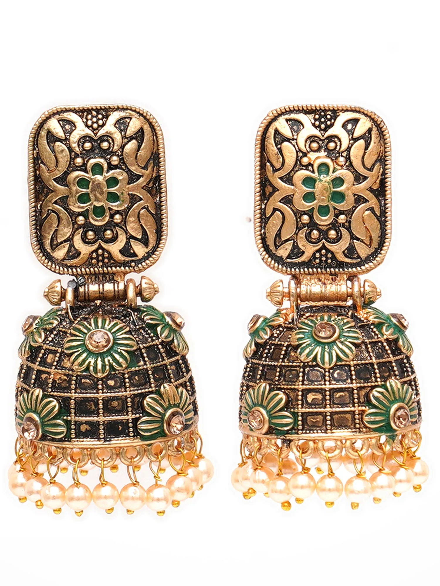 Karatcart Antique Gold Plated Floral Green Studded Jhumki Earrings for Women