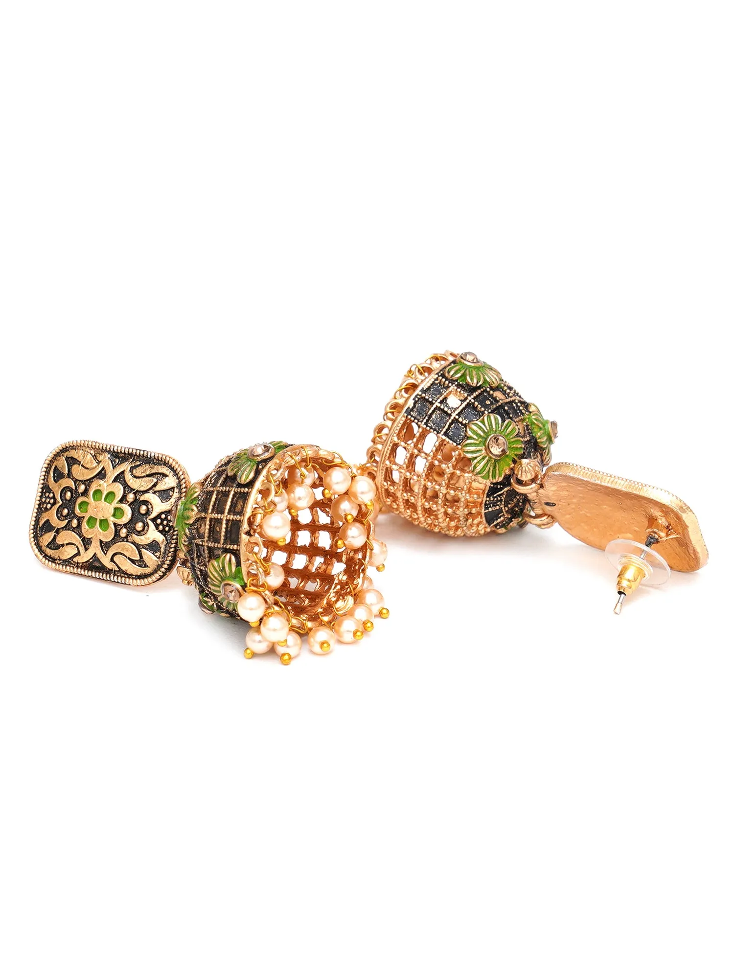 Karatcart Antique Gold Plated Floral Light Green Studded Jhumki Earrings for Women