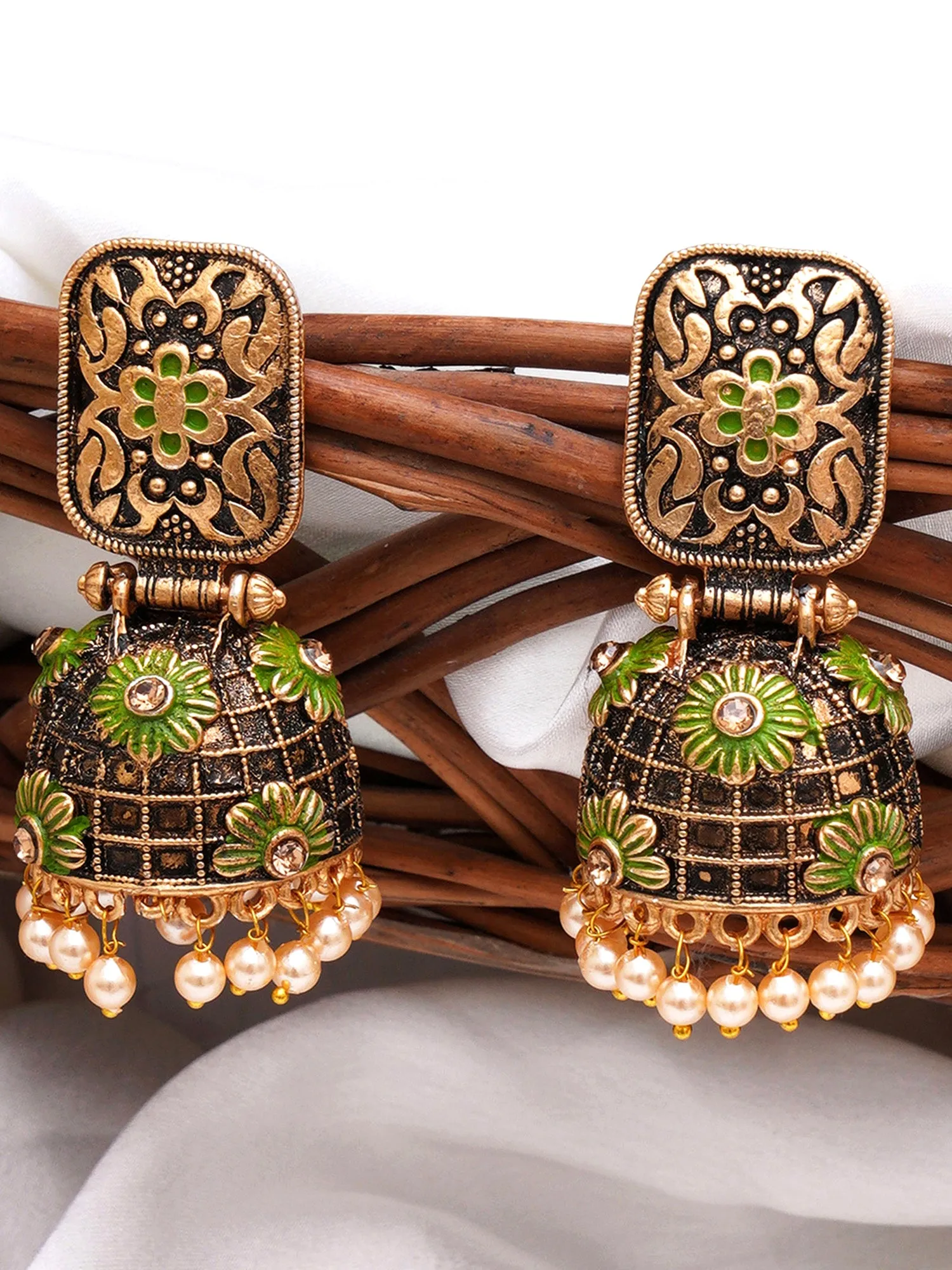 Karatcart Antique Gold Plated Floral Light Green Studded Jhumki Earrings for Women