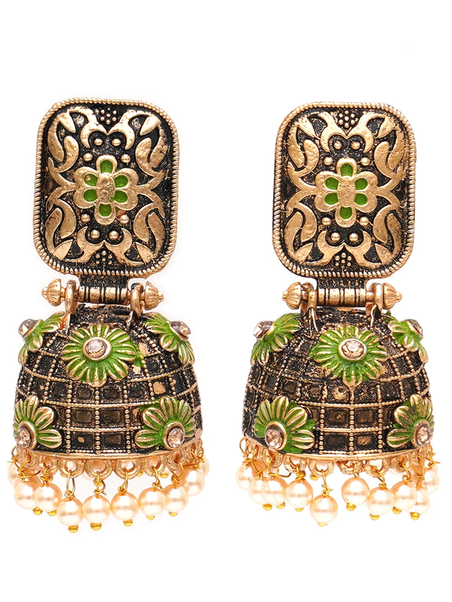 Karatcart Antique Gold Plated Floral Light Green Studded Jhumki Earrings for Women