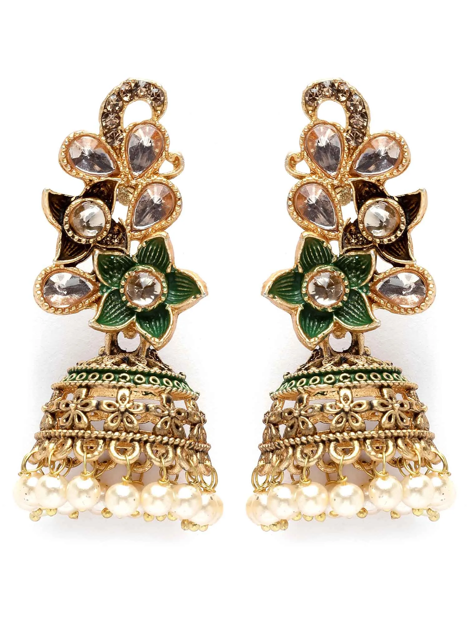 Karatcart Antique Gold Plated Green Meena Floral Dangler Earrings for Women
