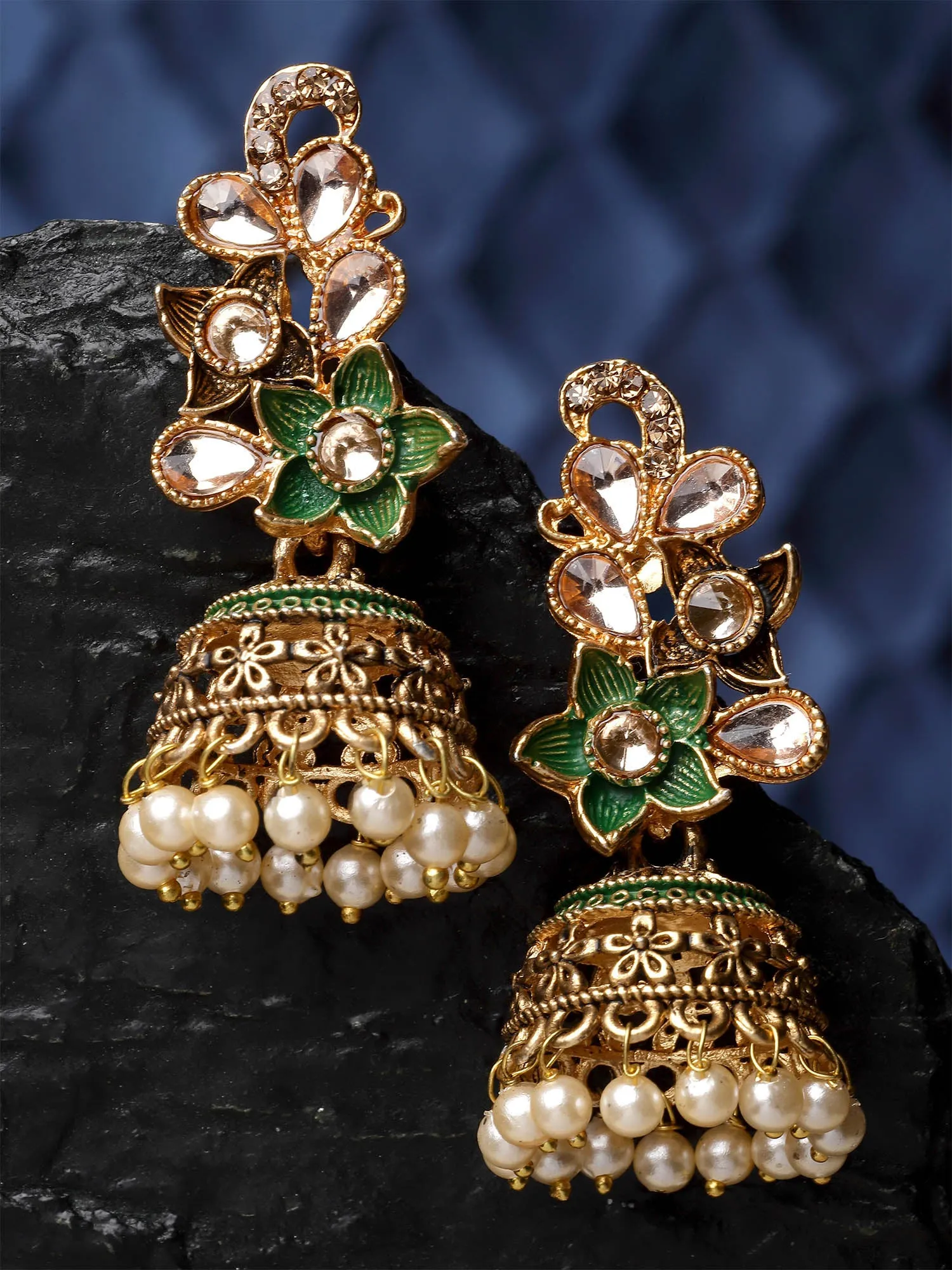 Karatcart Antique Gold Plated Green Meena Floral Dangler Earrings for Women