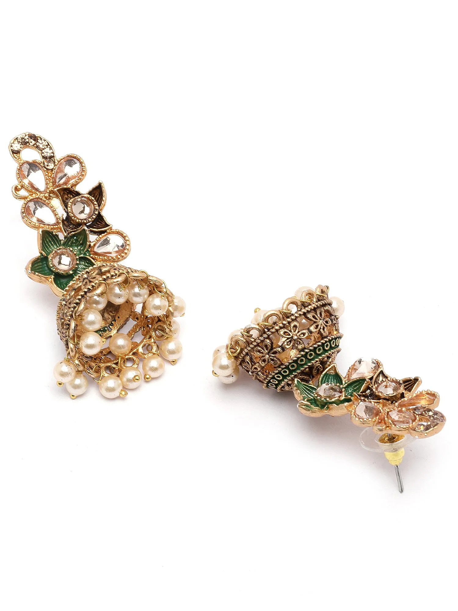 Karatcart Antique Gold Plated Green Meena Floral Dangler Earrings for Women