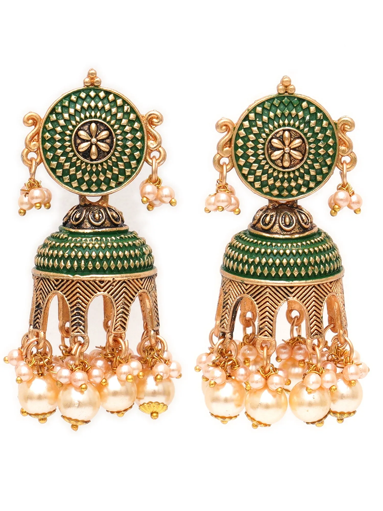 Karatcart Antique Gold Plated Green Tomb Style with Golden Pearl Jhumki Earrings for Women