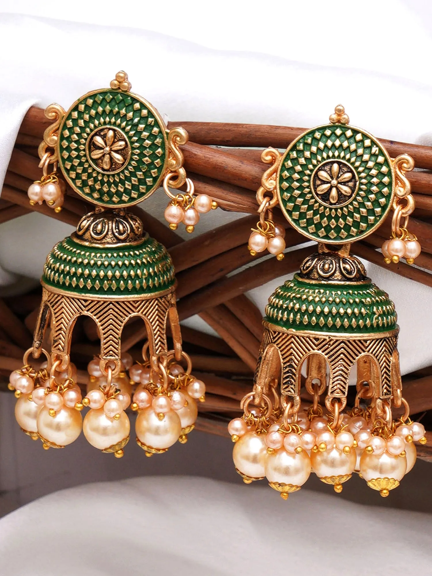 Karatcart Antique Gold Plated Green Tomb Style with Golden Pearl Jhumki Earrings for Women