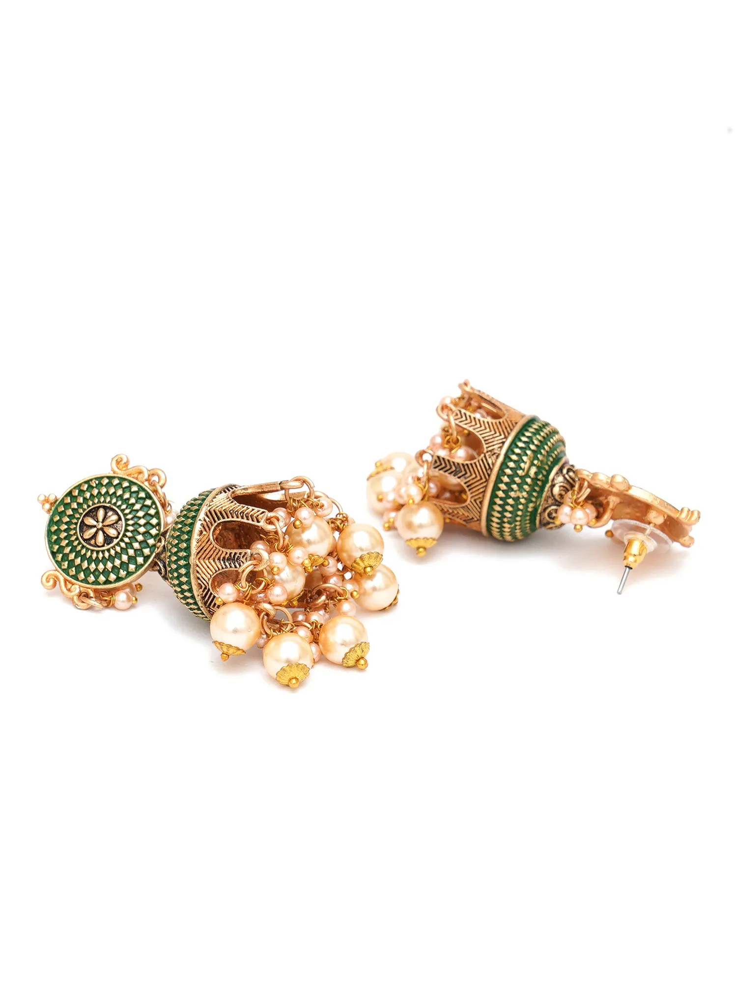 Karatcart Antique Gold Plated Green Tomb Style with Golden Pearl Jhumki Earrings for Women