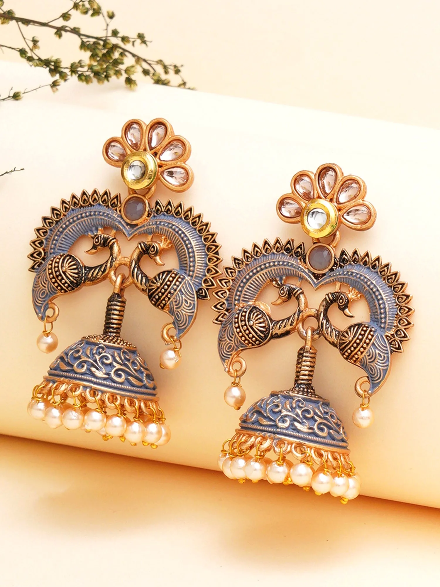 Karatcart Antique Gold Plated Grey Designer Peacock Jhumki Earrings for Women