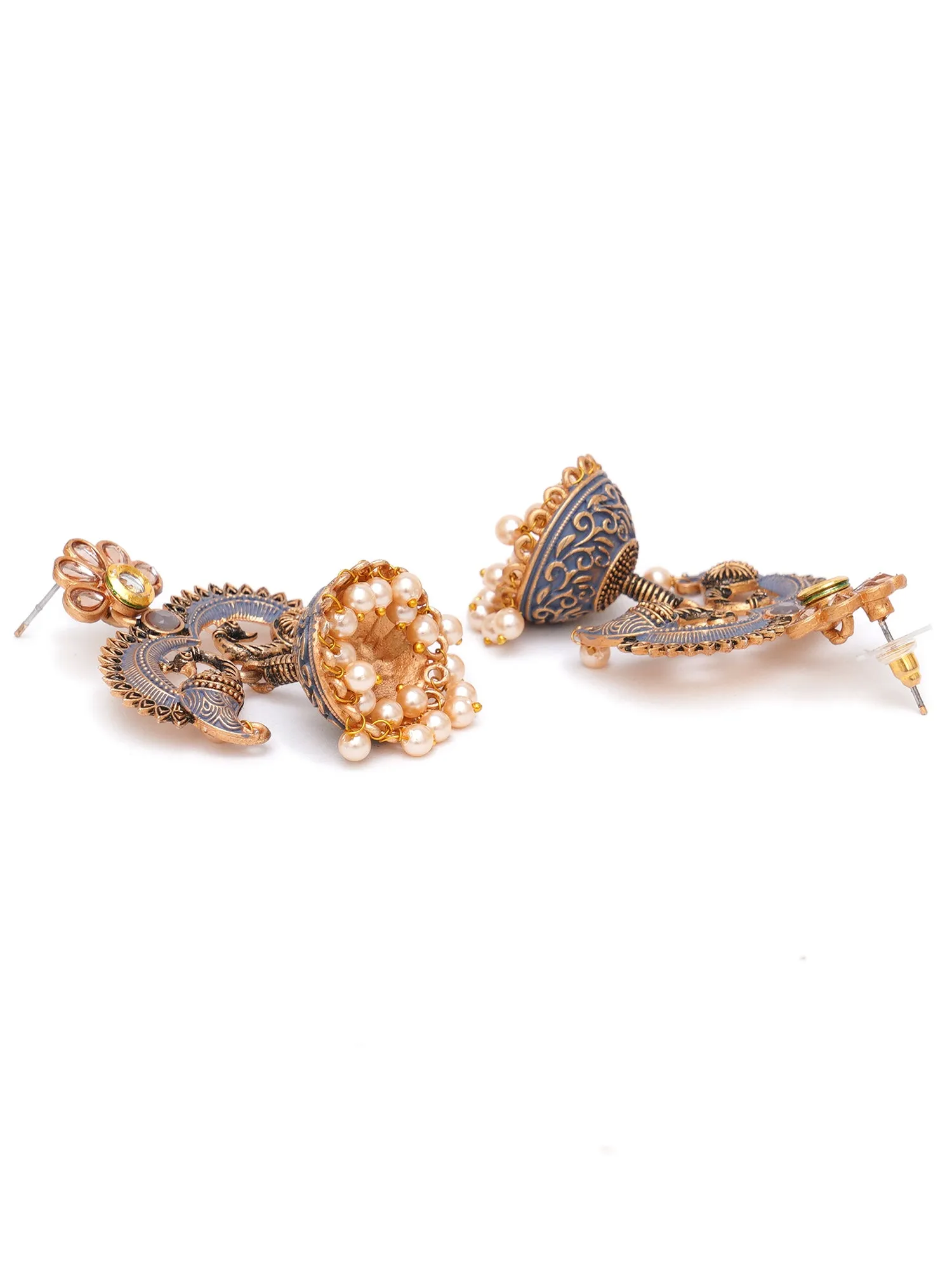 Karatcart Antique Gold Plated Grey Designer Peacock Jhumki Earrings for Women