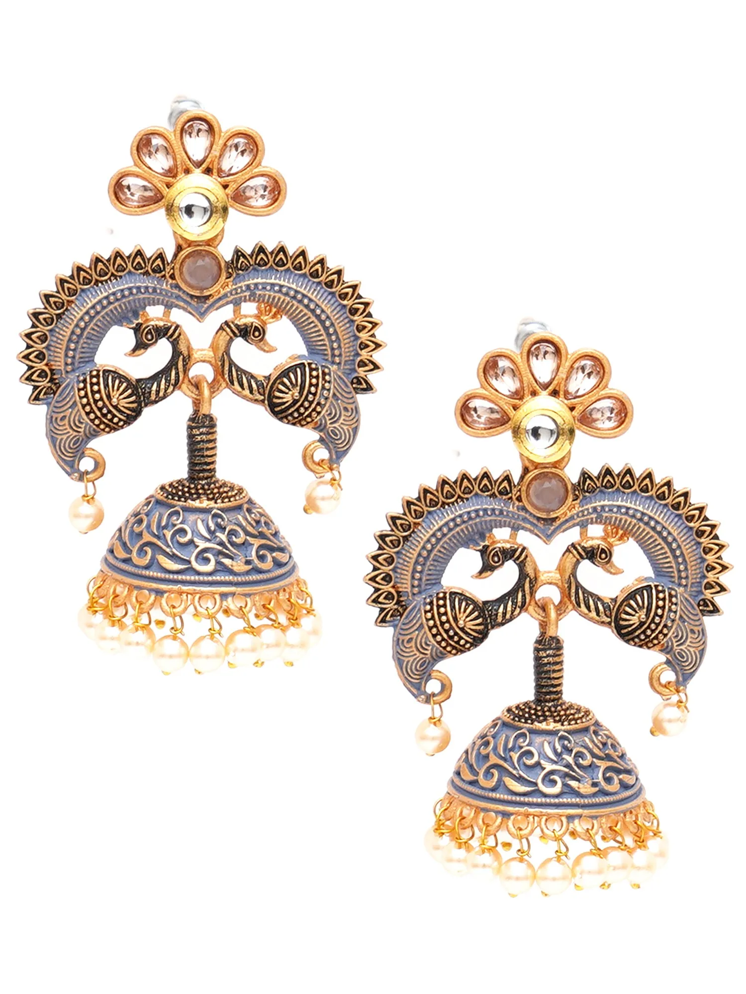 Karatcart Antique Gold Plated Grey Designer Peacock Jhumki Earrings for Women