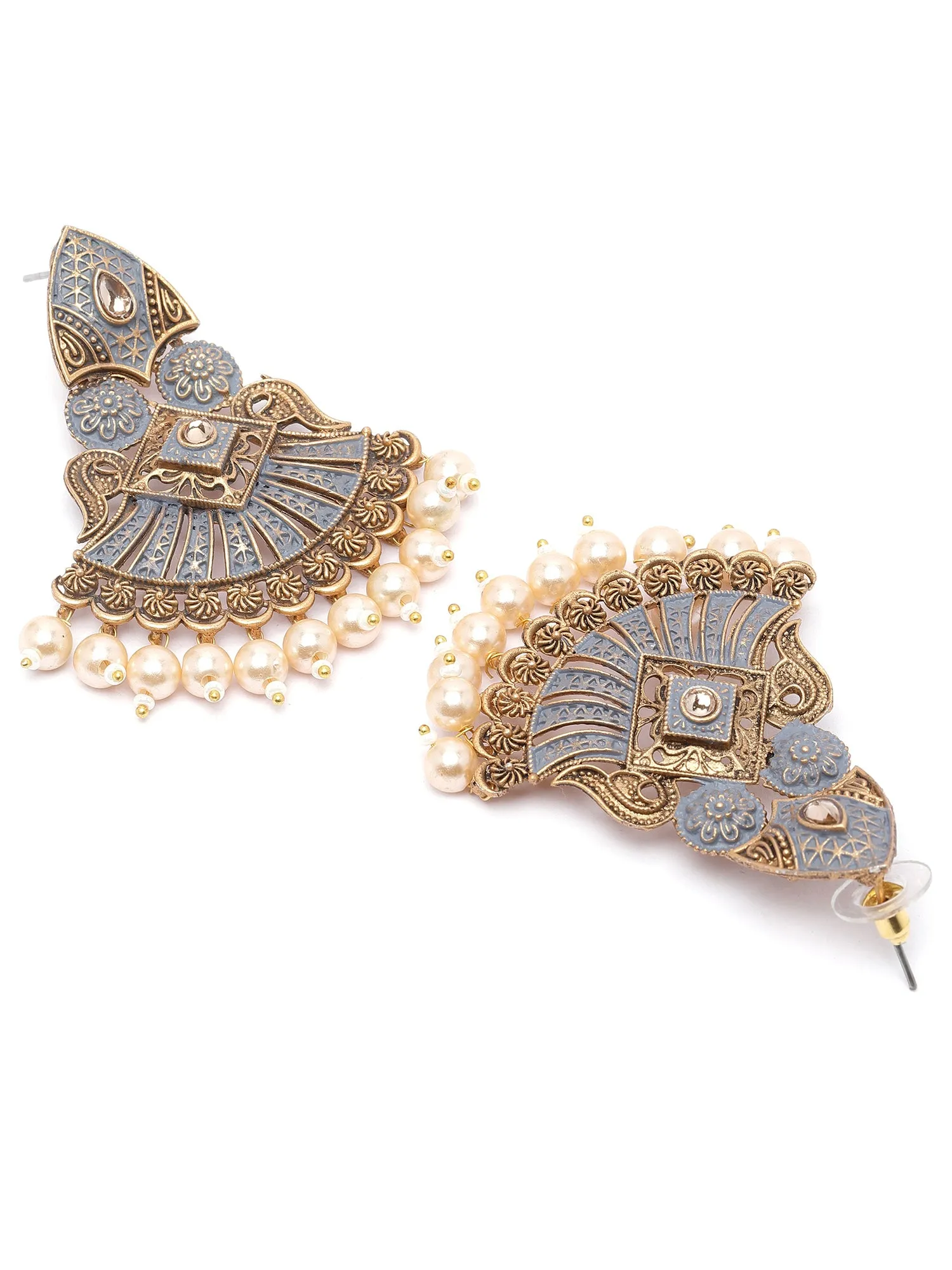 Karatcart Antique Gold Plated Grey Meena Golden Pearl Drop Earrings for Women