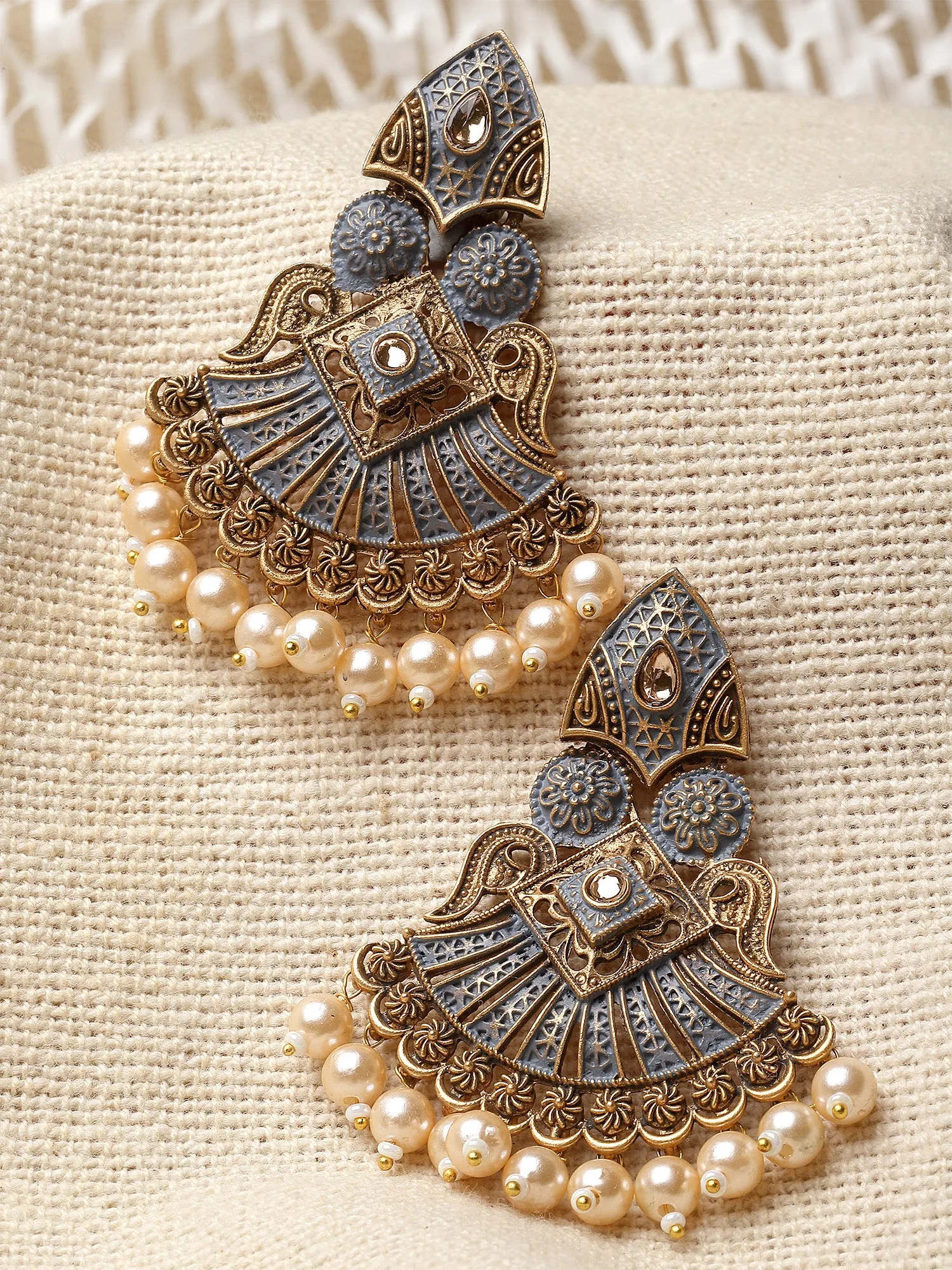 Karatcart Antique Gold Plated Grey Meena Golden Pearl Drop Earrings for Women