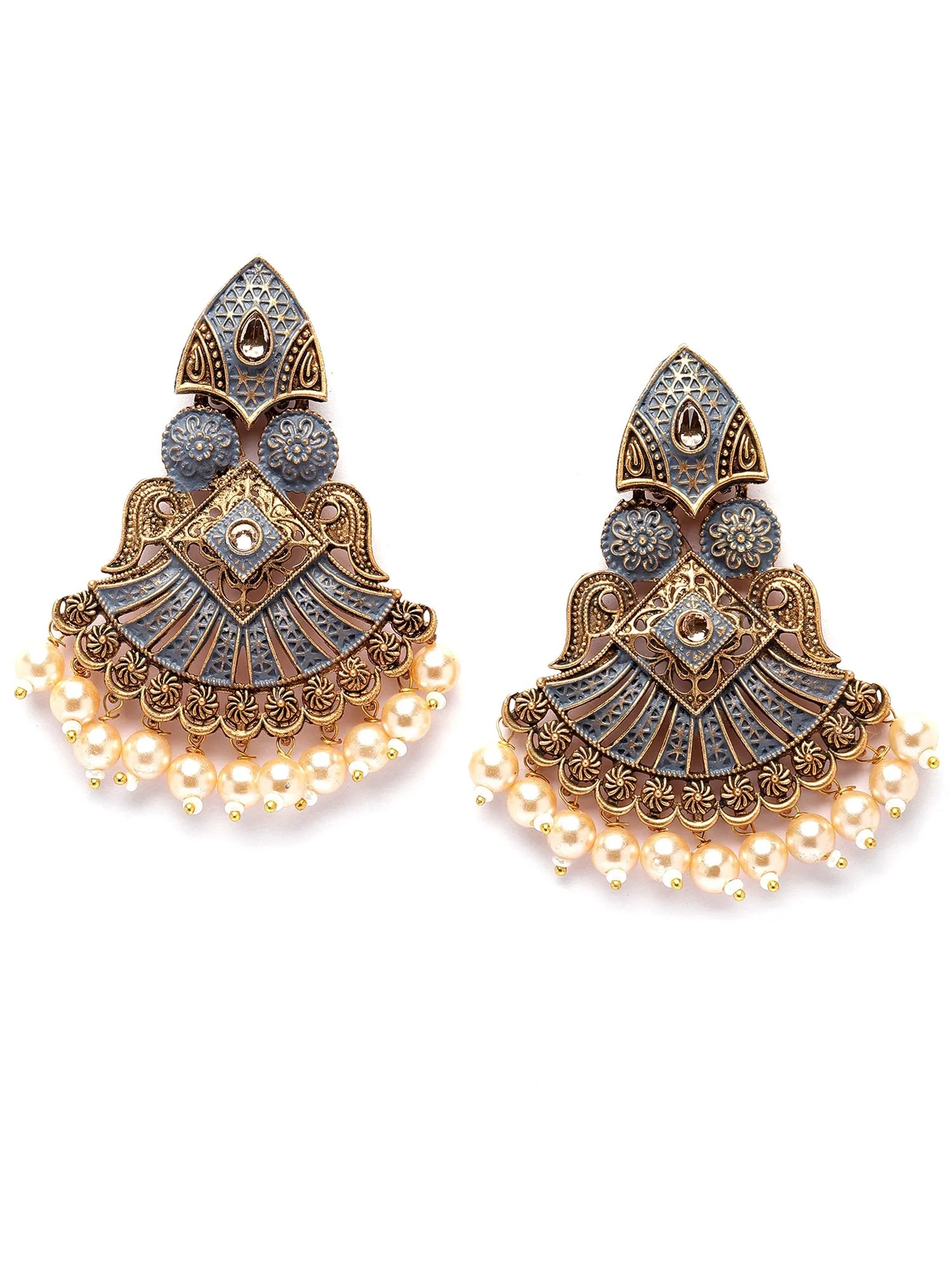 Karatcart Antique Gold Plated Grey Meena Golden Pearl Drop Earrings for Women
