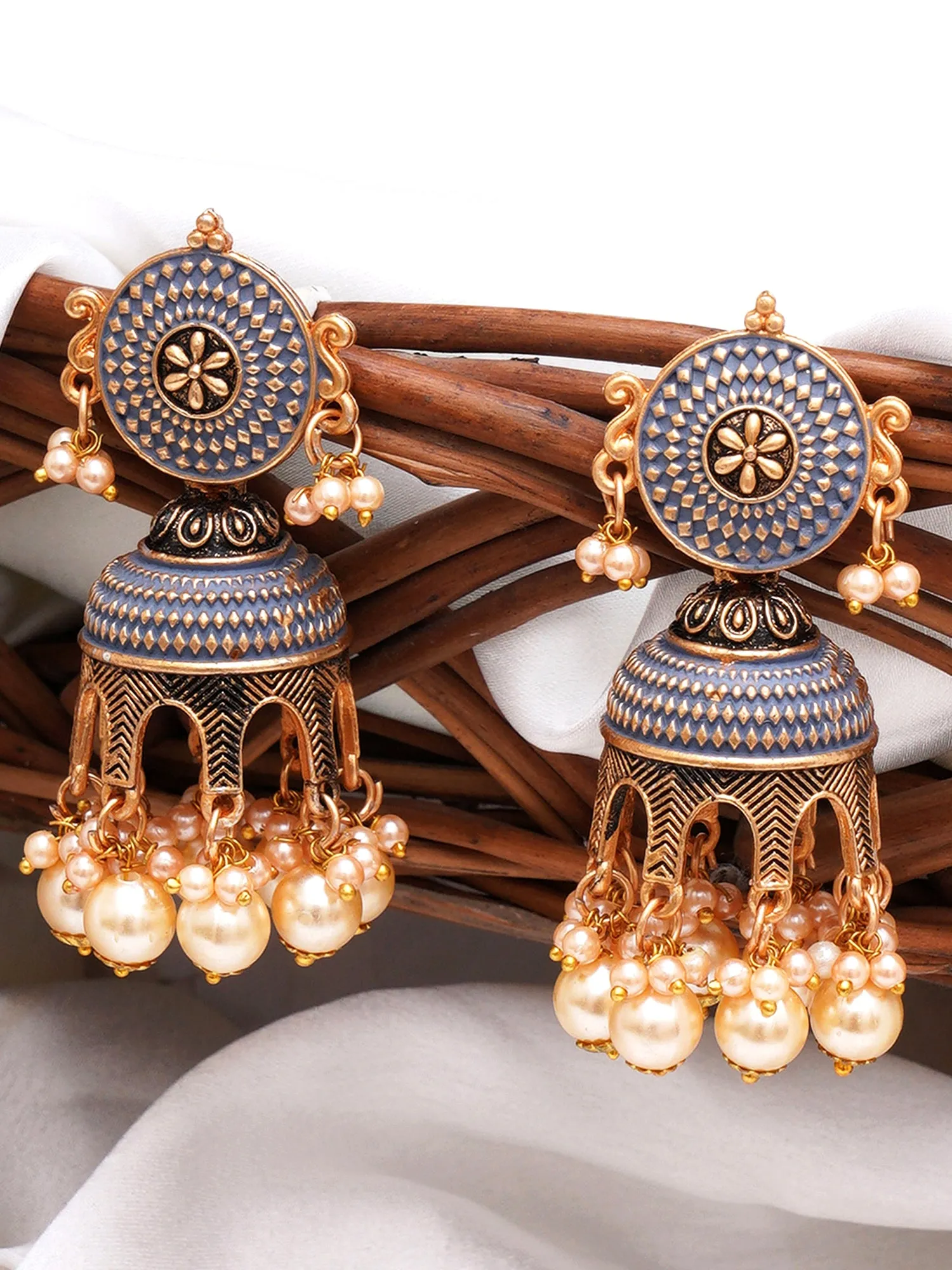 Karatcart Antique Gold Plated Grey Tomb Style with Golden Pearl Jhumki Earrings for Women